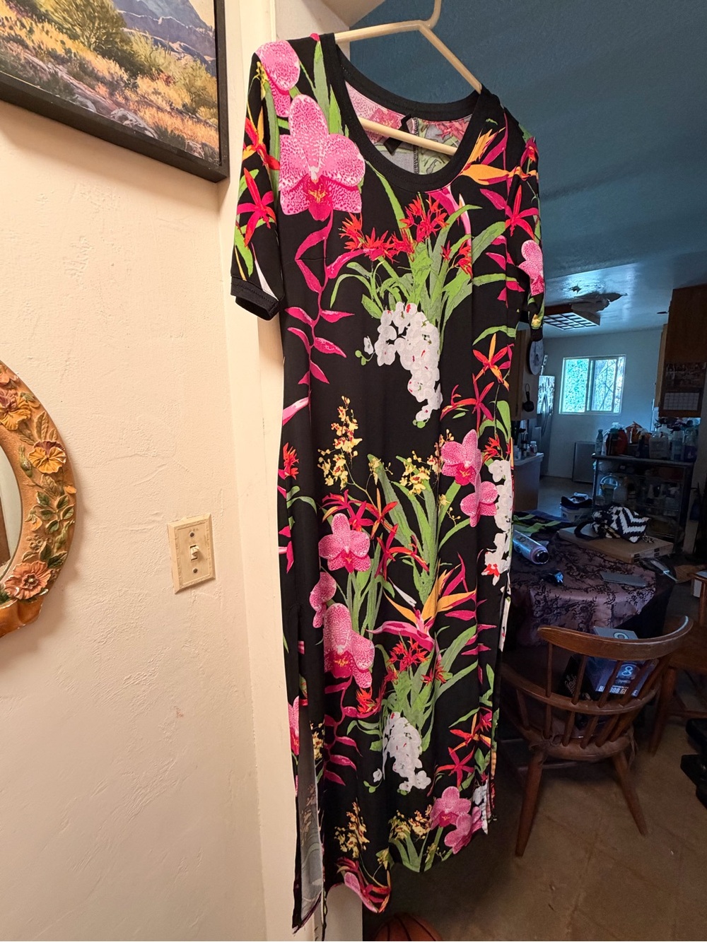 G.I.L.I. Black Maxi Dress with Pink, Green & White Floral Print
